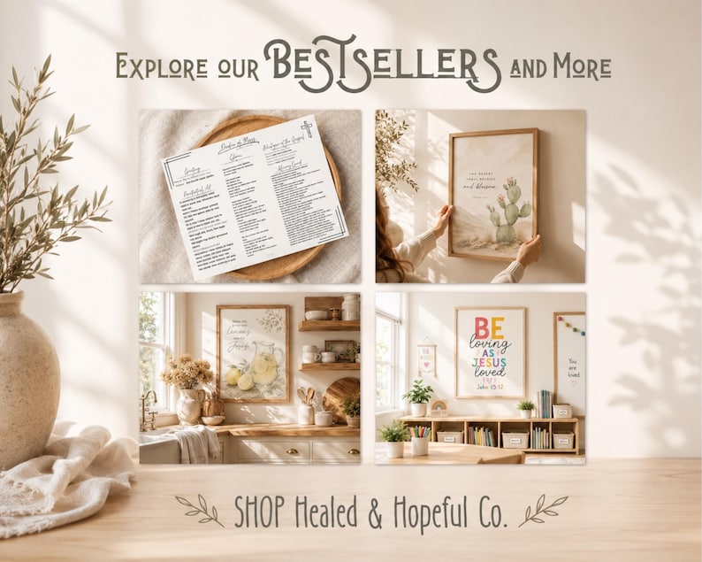 May include: A collage of four images featuring religious-themed wall art and a printed prayer card. The text reads Explore our BESTSELLERS and More, and SHOP Healed & Hopeful Co. The images display framed prints with botanical and colorful typography.