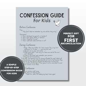 Könnte beinhalten: Ein hellgrauer Beichtführer für Kinder mit Text und einer Taubenillustration. Der Leitfaden enthält Abschnitte zur Vorbereitung und während der Beichte, mit einem Schritt-für-Schritt-Format. Enthält den Text "Perfektes Geschenk für die erste Versöhnung."