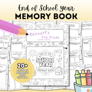 Op de afbeelding: Een zwart-wit herinneringsboek met de tekst "End of School Year Memory Book" en "Bennett's 3rd Grade 2025-2026". Het boek bevat pagina's voor herinneringen, handtekeningen en favoriete dingen. Een roze potlood staat in de linkerbovenhoek.