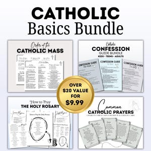 Puede incluir: Un paquete de guías básicas católicas, que incluye el Orden de la Misa Católica, la Guía de Confesión, Cómo rezar el Santo Rosario y Oraciones Católicas Comunes. El título "Catholic Basics Bundle" está en la parte superior. Una moneda de oro dice "Más de $20 de valor por $9.99."