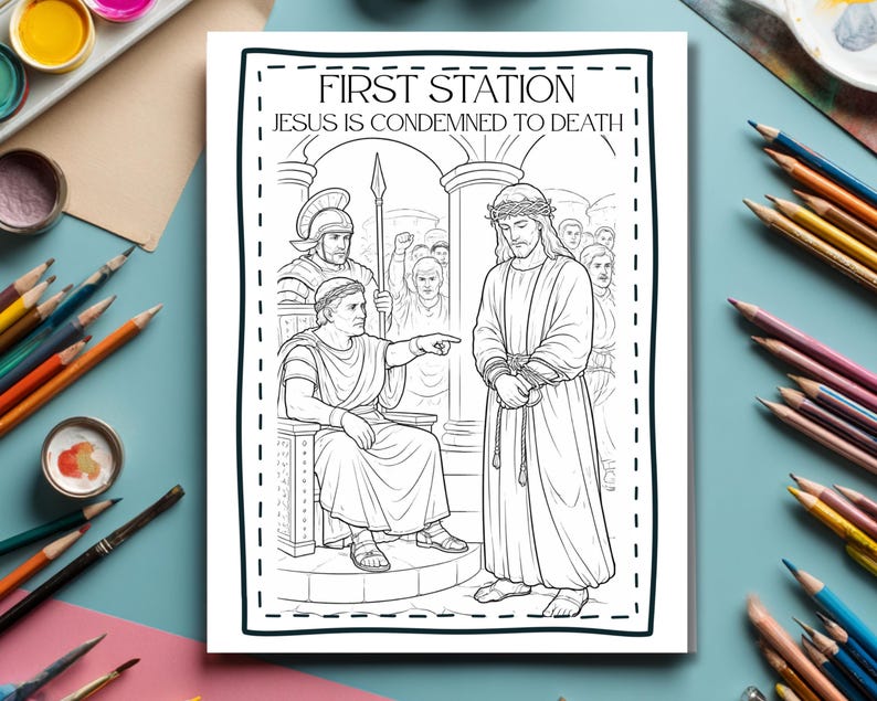 Puede incluir: Ilustraci&oacute;n en blanco y negro de una escena religiosa. El texto "FIRST STATION JESUS IS CONDEMNED TO DEATH" est&aacute; en la parte superior. La imagen representa a un hombre con t&uacute;nica se&ntilde;alado por otro hombre.