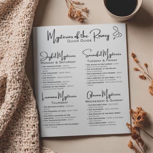 May include: A white rectangular card titled Mysteries of the Rosary Quick Guide. It lists the Joyful, Sorrowful, Luminous, and Glorious Mysteries with their corresponding days of the week and specific events, featuring a small rosary line drawing.