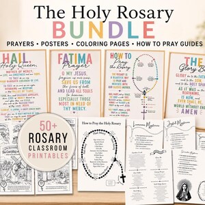 May include: A collection of printable religious materials titled The Holy Rosary Bundle, featuring colourful posters with prayers like Hail Holy Queen and Fatima Prayer, how-to-pray guides, and black-and-white colouring pages depicting the mysteries.