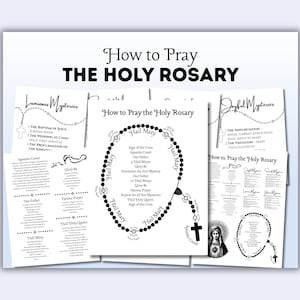May include: A collection of white informational sheets with black text and graphics titled How to Pray THE HOLY ROSARY. The documents feature diagrams of rosary beads, lists of prayers like the Apostles Creed and Hail Mary, and illustrations.