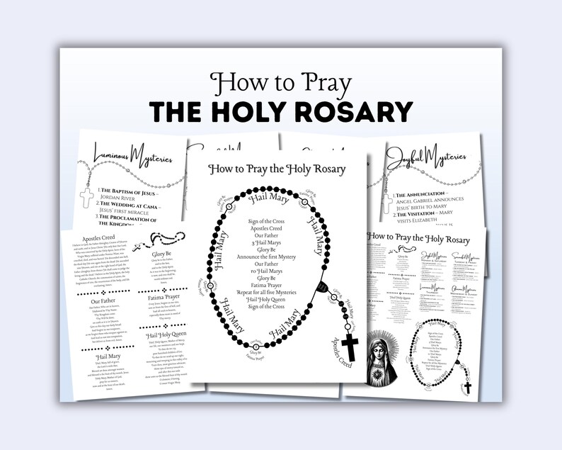 May include: A collection of white informational sheets with black text and graphics titled How to Pray THE HOLY ROSARY. The documents feature diagrams of rosary beads, lists of prayers like the Apostles Creed and Hail Mary, and illustrations.