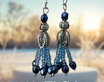 Holiday inspired earrings.Blues and silver are favorite colors of the winter season. 1.5 inches long and light weight. Handmade and unique