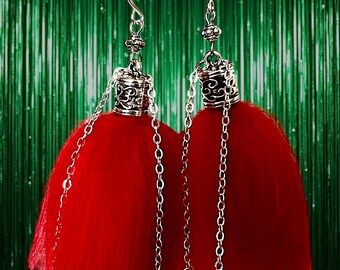 handmade red wool fiber dancing earrings with silver tone hardware and Swarovski beads to sparkle and dazzle