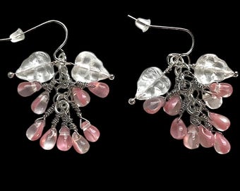 Earrings of natural tiger eye stone, turquoise, and glass beads.  Indian clay birds in the setting of the natural semiprecious stones.