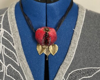Neclace Pomegranate from felted wool embellished with beads