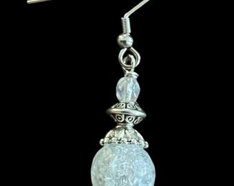 Artisan clear crinkle glass and Swarovski crystals handmade earrings.