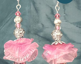 Pink Japanese cherry - this unique handmade earring made with cold porcelain, glass Czech beads and silver tone hardware