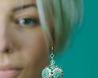 Ocean breeze colors of this unique handmade earring embroidered on the felted wool base and embellished with glass Czech beads