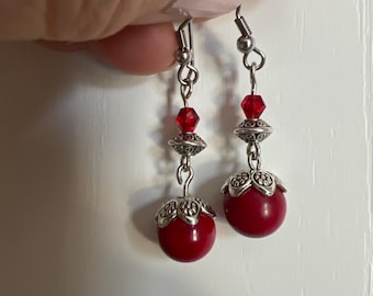 Red Bead bamboo coral and Swarovski crystals handmade earrings.