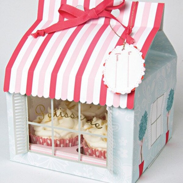 Patisserie Striped Cupcake, Baking Cup, Treat Boxes with Ribbon Gift Tag - Set of (3) Large Boxes