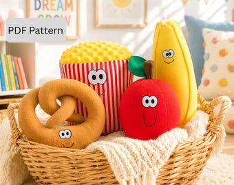Snack Attack Plush Toy Food Sewing Patterns: Popcorn, Pretzel, Banana, Apple (PDF Pattern)