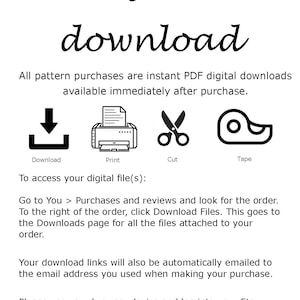 May include: White graphic with the words "Instant download" in a cursive font. Below, the text explains instant PDF digital downloads. Icons for download, print, cut, and tape are included. Instructions on how to access the digital files are also provided.