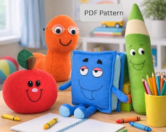 Back to School Plush Sewing Pattern Bundle | Apple, Bookworm, Book & Pencil (PDF Pattern)
