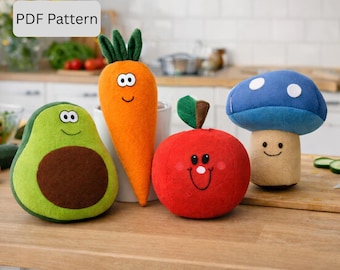 Plush Fruit and Veggie Sewing Patterns | Avocado, Apple, Mushroom, Carrot Toys (PDF Pattern)