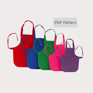 May include: A collection of colorful aprons in red, blue, green, pink, and purple. Each apron has a white pocket and matching neck and waist ties. The text "PDF Pattern" is in a white box.