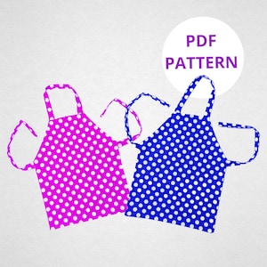 May include: PDF pattern for two polka dot aprons, one pink with white dots and one blue with white dots.
