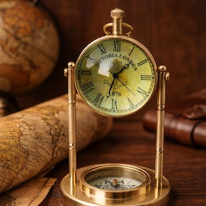 May include: A vintage-style brass clock and compass set. The clock face is green with Roman numerals and the words "Victoria London 1876." The compass is set in the base. The set is displayed on a wooden surface.