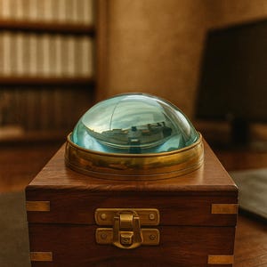 Handmade Brass Magnifying Glass Dome with Wooden Storage Box – Vintage Style Antique Decor & Collectible Gift