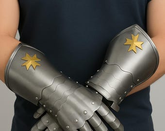 Medieval Steel Gauntlets: Brass Cross Crusader Armor, LARP Cosplay
