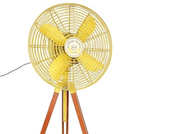 Ventilatore a treppiede in stile antico: supporto regolabile in palissandro, finitura in ottone