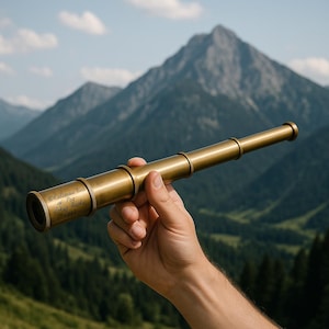 May include: A brass telescope held against a backdrop of mountains and sky. The telescope has multiple sections and a detailed inscription. The overall color palette is warm, with the brass contrasting against the natural greens and blues.
