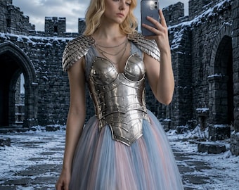 Abito da principessa fantasy in armatura d'acciaio - Abito da guerriero medievale, fiera rinascimentale per cosplay