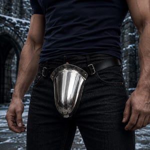 Medieval Steel Codpiece Armor | Polished Metal Groin Protector with Leather Belt | Knight Costume Codpiece | LARP Cosplay Armor