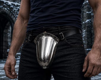 Medieval Steel Codpiece Armor | Polished Metal Groin Protector with Leather Belt | Knight Costume Codpiece | LARP Cosplay Armor