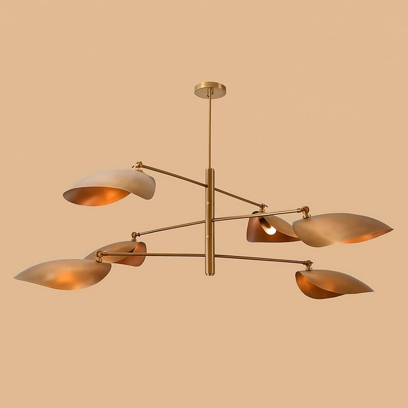 Elegant taklampa i mässing – ljuskrona med 6 ljuskällor och böjd skärm | Modern Sputnik-lampa med linjär armatur | Pendel med dubbel glasskärm bild 6
