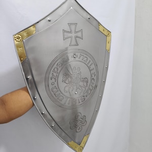 Etched Dragon Templar Shield - Handmade Steel Knight Shield, LARP/Cosplay