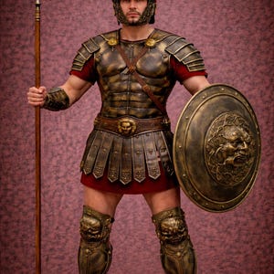 K&ouml;nnte beinhalten: Ein r&ouml;mischer Soldat in voller R&uuml;stung, der einen Speer und einen Schild h&auml;lt. Die bronzefarbene R&uuml;stung umfasst einen Helm mit roter Feder, Brust- und Schulterplatten sowie Beinsch&uuml;tzer. Der Schild hat ein Gesichtsdesign.