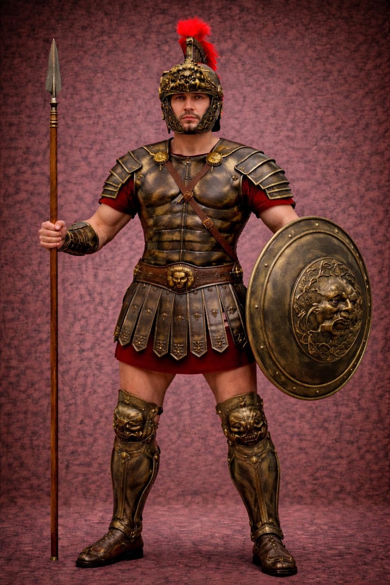 K&ouml;nnte beinhalten: Ein r&ouml;mischer Soldat in voller R&uuml;stung, der einen Speer und einen Schild h&auml;lt. Die bronzefarbene R&uuml;stung umfasst einen Helm mit roter Feder, Brust- und Schulterplatten sowie Beinsch&uuml;tzer. Der Schild hat ein Gesichtsdesign.