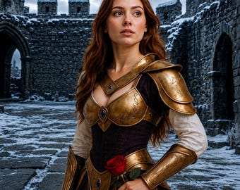 Armatura medievale dorata con rosa rossa, costume da guerriera fantasy femminile, cavaliere gotico, cosplay, armatura con finitura in ottone, LARP, abito rinascimentale fantasy