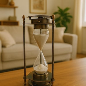 May include: A vintage hourglass with a bronze metal frame and clear glass bulbs. The hourglass is filled with light-coloured sand and sits on a wooden table. The design is reminiscent of antique decor.