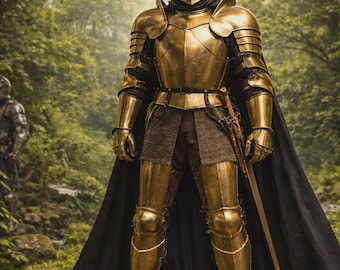 Armatura da cavaliere medievale dorata – Tuta integrale in acciaio con elmo e mantello nero / Costume da guerriero fantasy / Realizzata a mano su misura