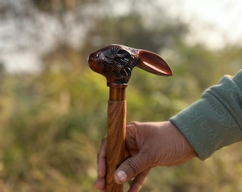 Handcrafted Rabbit Handle Walking Cane: Leather Carved Wooden Stick