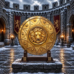 May include: A circular gold shield featuring a prominent three-dimensional lion head relief at its centre, surrounded by a geometric pattern of raised studs and radiating lines, mounted on a dark wooden stand within a stone castle courtyard.
