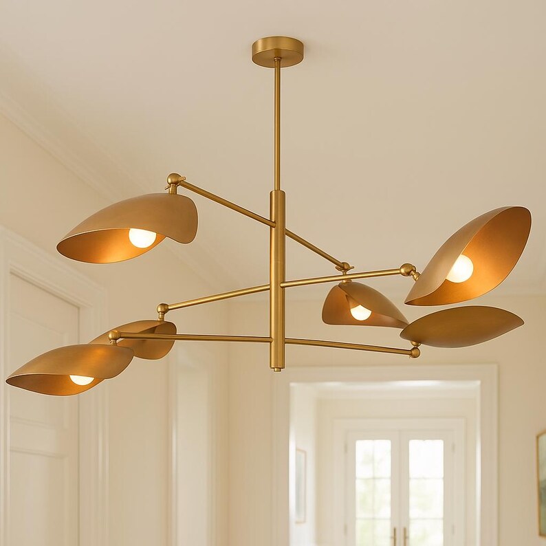Elegant taklampa i mässing – ljuskrona med 6 ljuskällor och böjd skärm | Modern Sputnik-lampa med linjär armatur | Pendel med dubbel glasskärm bild 9