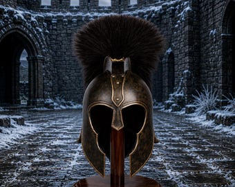 Casco espartano hecho a mano con cresta negra / Decoración de armadura medieval