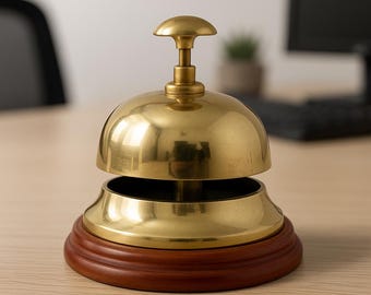 Cloche de service personnalisée en laiton : cloche de bureau d'accueil vintage avec base en bois