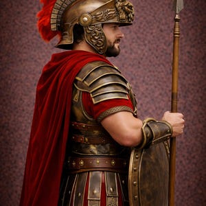 K&ouml;nnte beinhalten: Ein r&ouml;mischer Soldat in voller R&uuml;stung, einschlie&szlig;lich eines Bronzehelms mit roter Feder, Schulter- und Brustplatten und einem roten Umhang. Der Soldat h&auml;lt einen Speer und einen Schild. Die R&uuml;stung ist mit aufwendigen Designs versehen.