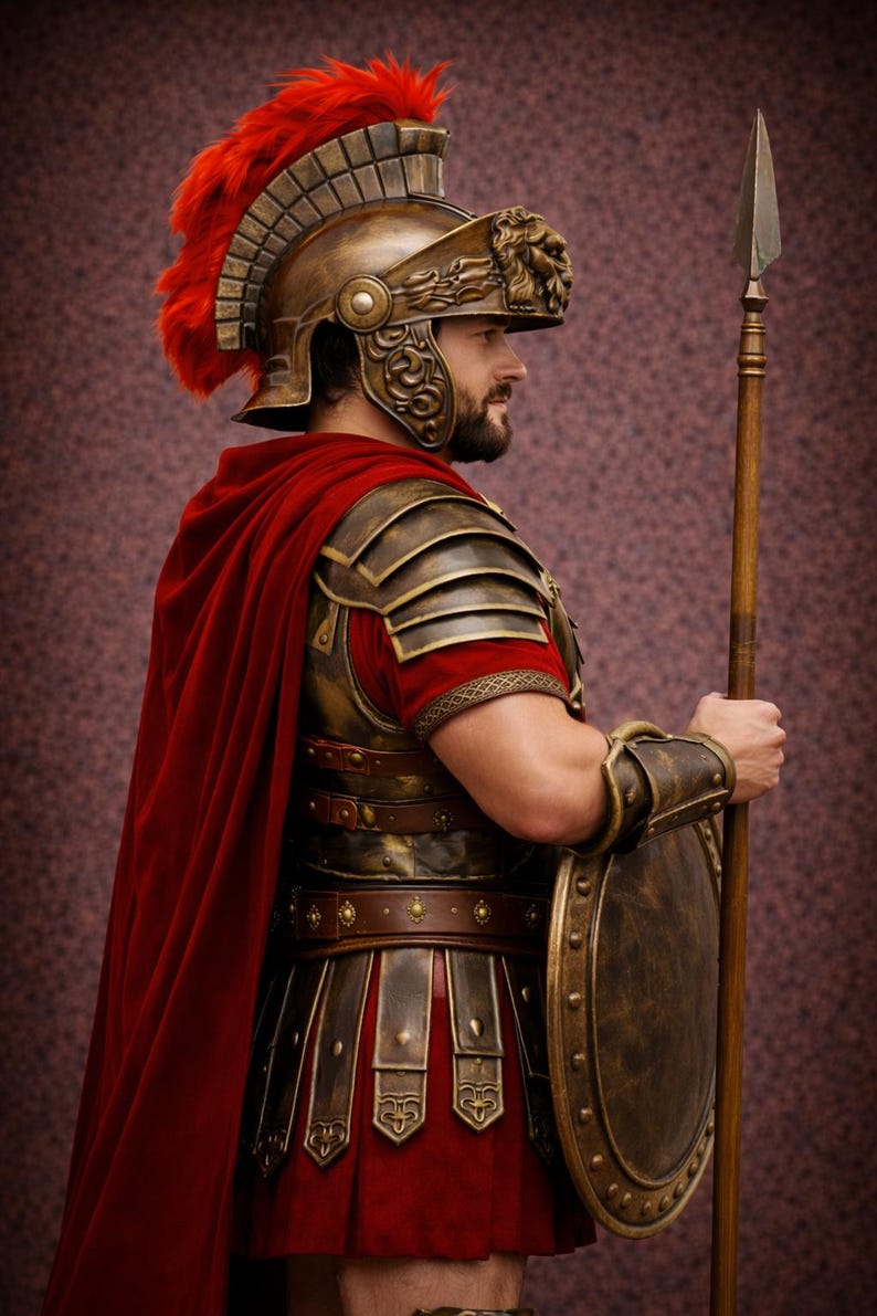 K&ouml;nnte beinhalten: Ein r&ouml;mischer Soldat in voller R&uuml;stung, einschlie&szlig;lich eines Bronzehelms mit roter Feder, Schulter- und Brustplatten und einem roten Umhang. Der Soldat h&auml;lt einen Speer und einen Schild. Die R&uuml;stung ist mit aufwendigen Designs versehen.