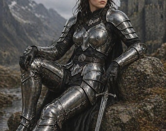 Armatura da guerriera medievale oscura per donna – Tuta intera da cavaliere in acciaio con spada e mantello / Armatura femminile gotica fantasy / Realizzata a mano su misura