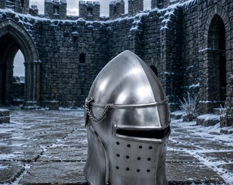 Medieval Barbute Helmet: 18 Gauge Steel, Movable Visor + Free Stand