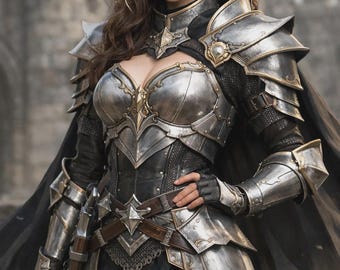 Armatura da cavaliere medievale femminile – Tuta in acciaio da guerriera fantasy con mantello