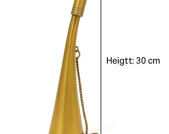 May include: A brass-colored horn with a curved body and a flared bell. The horn is 30 cm tall with a bell diameter of 9 cm. A small chain is attached to the horn. The text on the image reads "Heigtt: 30 cm" and "Bell Diameter: 9 cm".